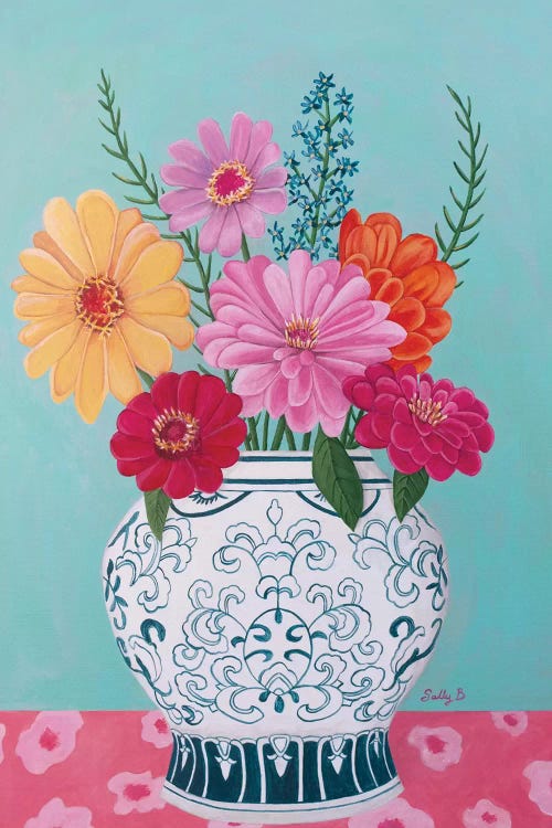 Chinoiserie Vase And Zinnia by Sally B wall art