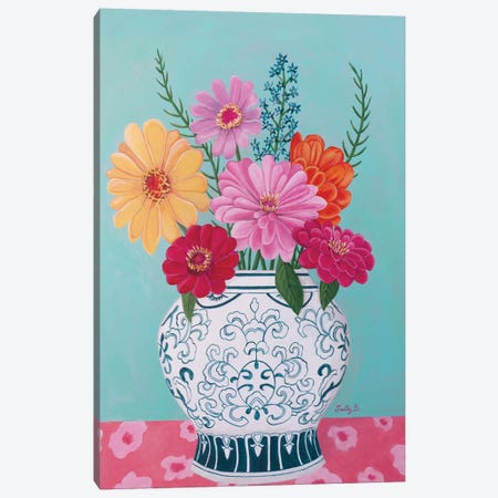 Chinoiserie Vase And Zinnia Canvas Print #SLY53} by Sally B Art Print