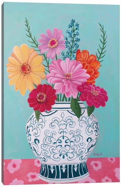 Chinoiserie Vase And Zinnia Canvas Art Print - Charming Blue