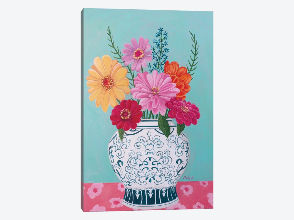 Chinoiserie Vase And Zinnia by Sally B 1-piece Canvas Artwork