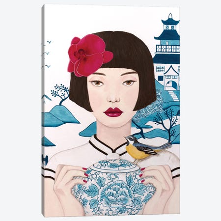 Chinese Woman With Pot And Bird Canvas Print #SLY54} by Sally B Canvas Wall Art