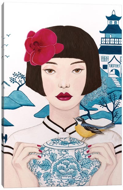 Chinese Woman With Pot And Bird Canvas Art Print - Charming Blue