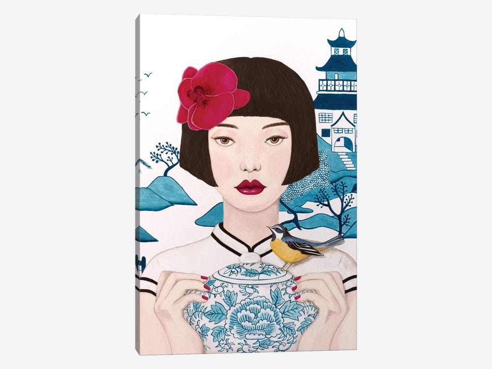 Chinese Woman With Pot And Bird by Sally B 1-piece Canvas Print