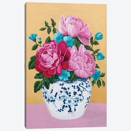 Chinoiserie Vase And Peony Canvas Print #SLY55} by Sally B Canvas Wall Art