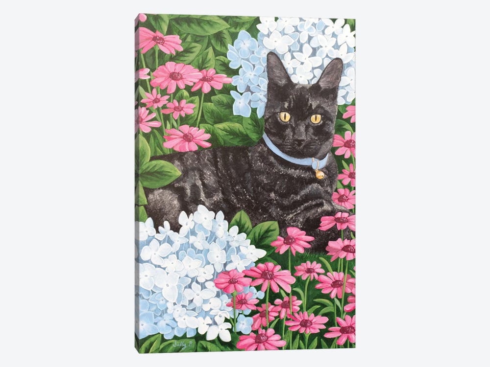 Black Cat With Hydrangea And Daisy by Sally B 1-piece Art Print