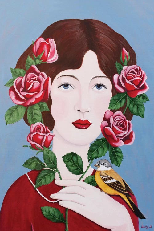 Woman With Roses And Bird