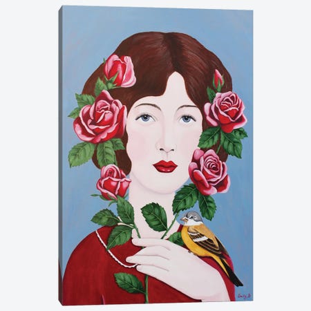 Woman With Roses And Bird Canvas Print #SLY58} by Sally B Canvas Print