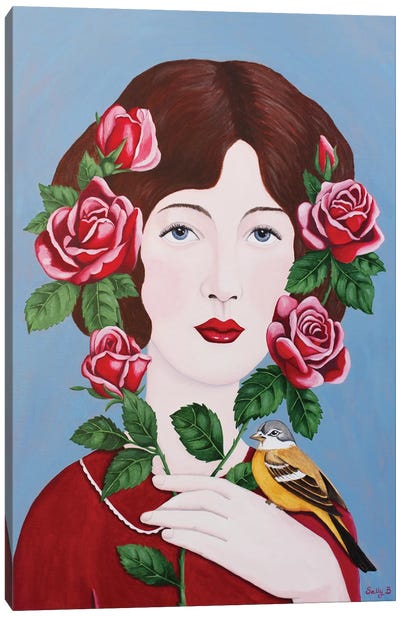 Woman With Roses And Bird Canvas Art Print - Sally B
