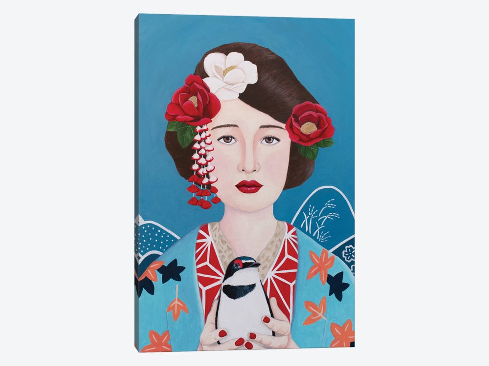 Japanese Woman With Bird by Sally B 1-piece Canvas Artwork