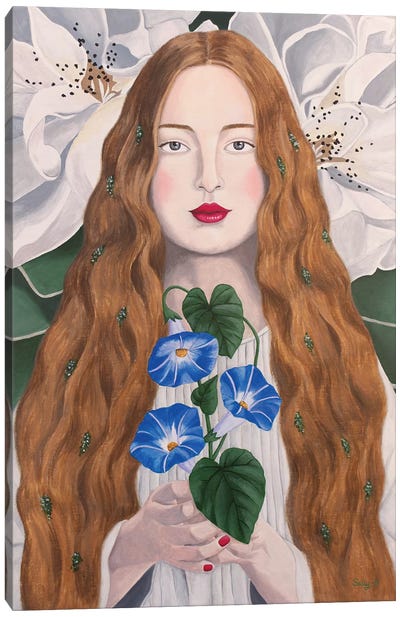 Woman With Morning Glory Canvas Art Print - Sally B