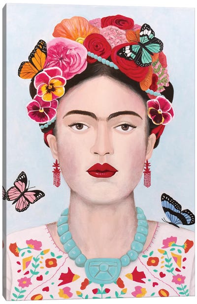Frida Kahlo And Butterflies Canvas Art Print - Insect & Bug Art