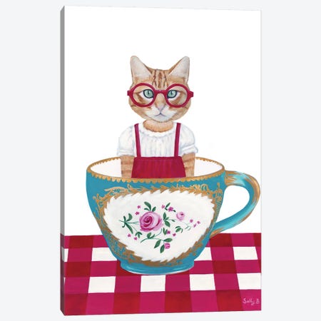 Ginger Cat In A Cup Canvas Print #SLY68} by Sally B Canvas Artwork