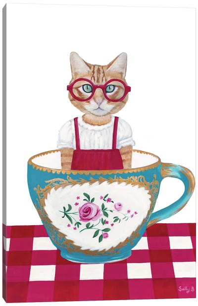 Ginger Cat In A Cup Canvas Art Print - Sally B