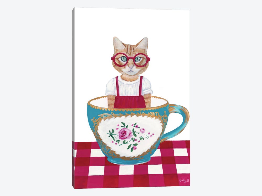 Ginger Cat In A Cup by Sally B 1-piece Canvas Art