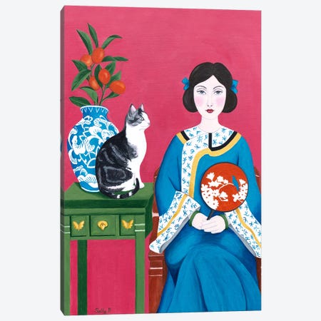 Chinese Woman And Cat Canvas Print #SLY6} by Sally B Art Print