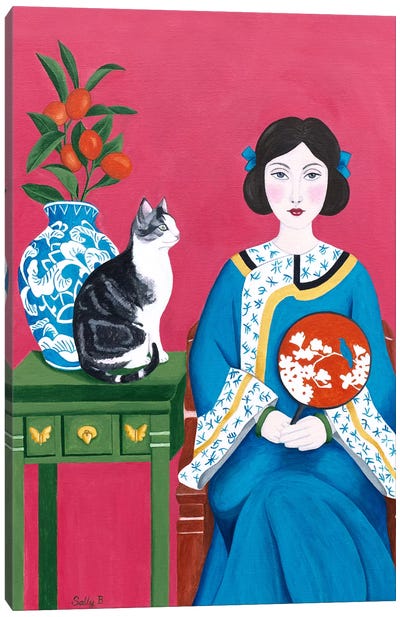 Chinese Woman And Cat Canvas Art Print - Charming Blue
