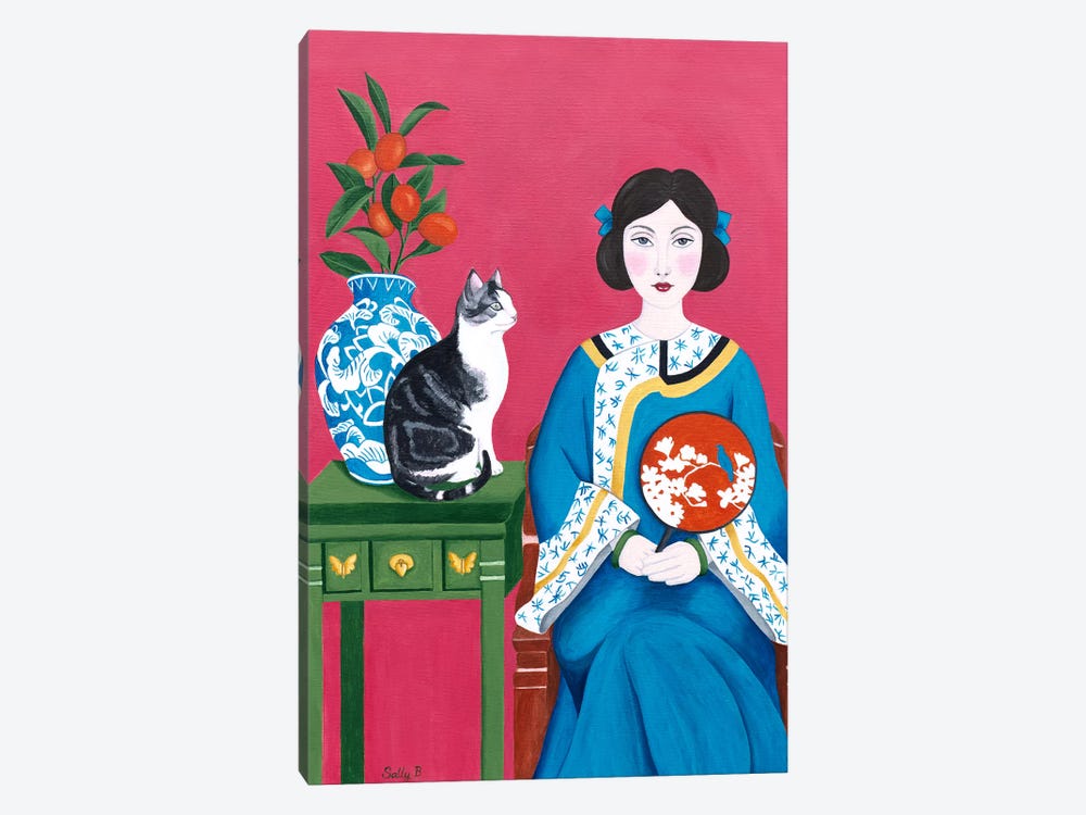 Chinese Woman And Cat by Sally B 1-piece Canvas Artwork