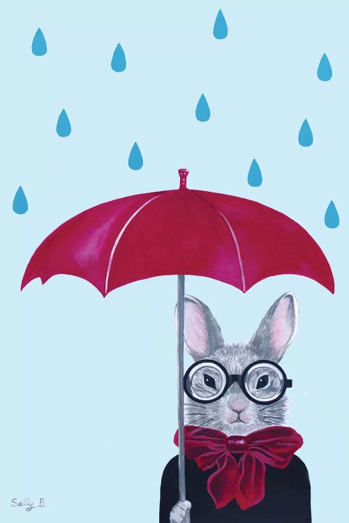 Rabbit With Red Umbrella In The Rain