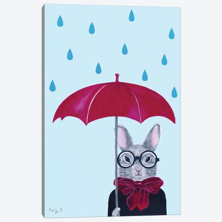 Rabbit With Red Umbrella In The Rain Canvas Print #SLY70} by Sally B Art Print