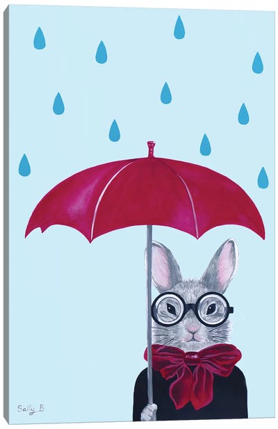 Rabbit With Red Umbrella In The Rain Canvas Art Print - Sally B