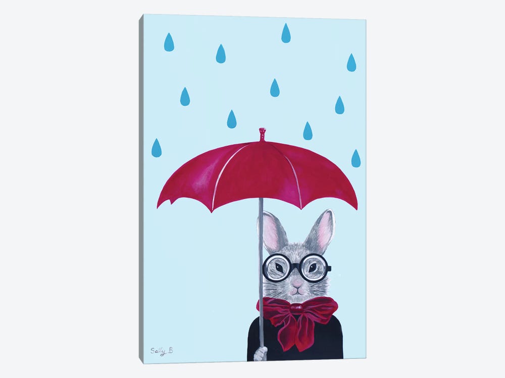 Rabbit With Red Umbrella In The Rain by Sally B 1-piece Canvas Print