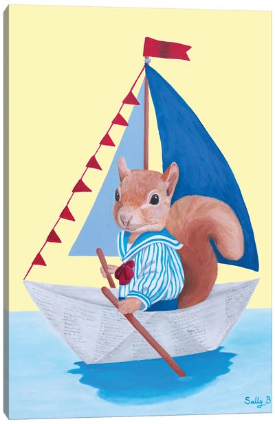 Squirrel Sailing On A Paper Boat Canvas Art Print - Sally B