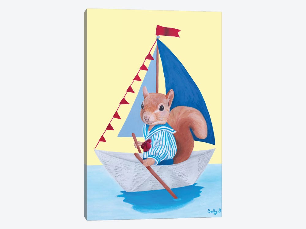 Squirrel Sailing On A Paper Boat by Sally B 1-piece Canvas Art