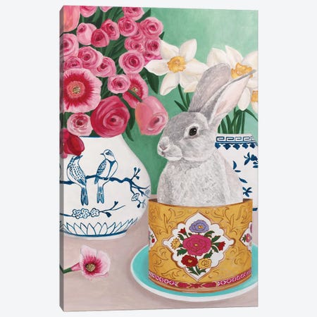 Rabbit With Roses And Daffodils Canvas Print #SLY72} by Sally B Art Print