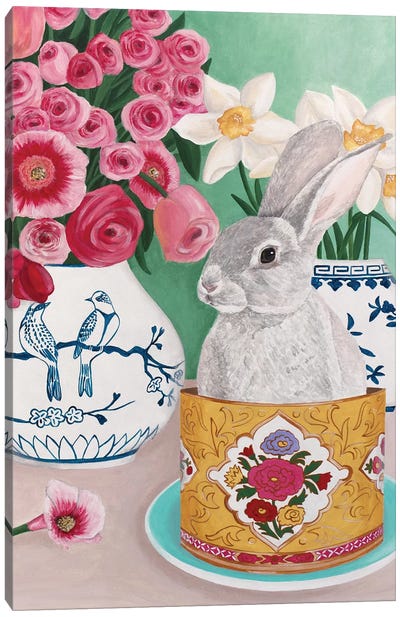 Rabbit With Roses And Daffodils Canvas Art Print - Sally B