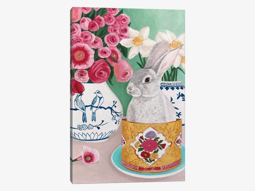 Rabbit With Roses And Daffodils by Sally B 1-piece Canvas Print