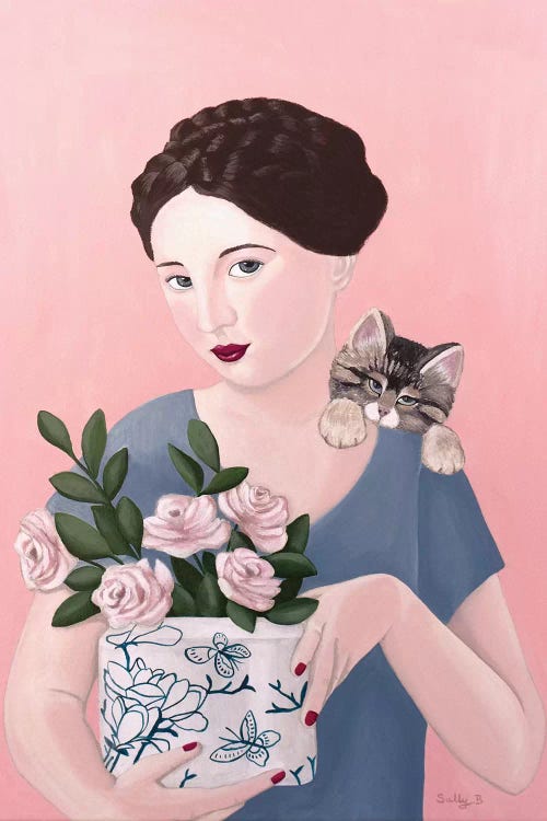 Woman With Cat And Roses