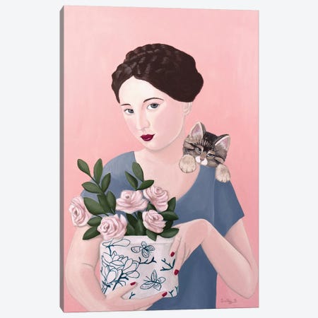 Woman With Cat And Roses Canvas Print #SLY73} by Sally B Canvas Print