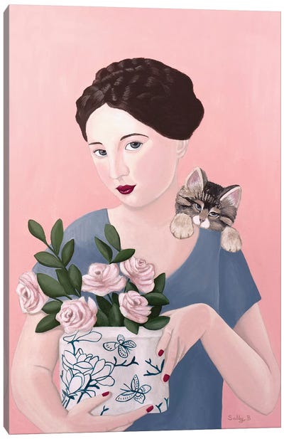 Woman With Cat And Roses Canvas Art Print - Sally B