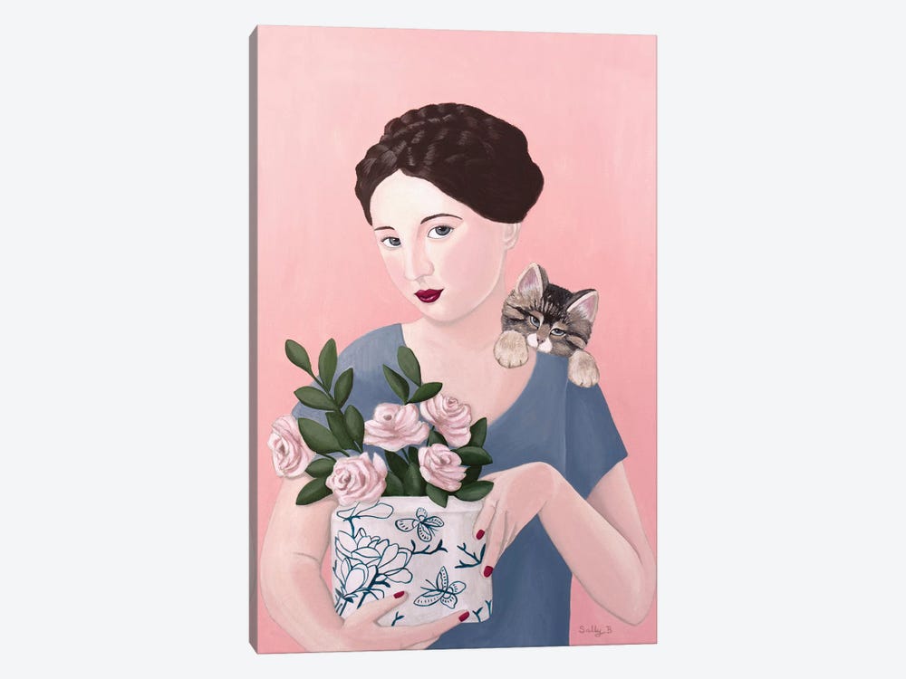 Woman With Cat And Roses by Sally B 1-piece Canvas Artwork
