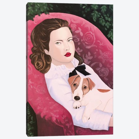 Woman With Jack Russell On Red Armchair Canvas Print #SLY74} by Sally B Canvas Artwork
