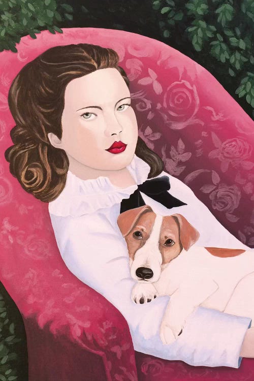 Woman With Jack Russell On Red Armchair by Sally B wall art
