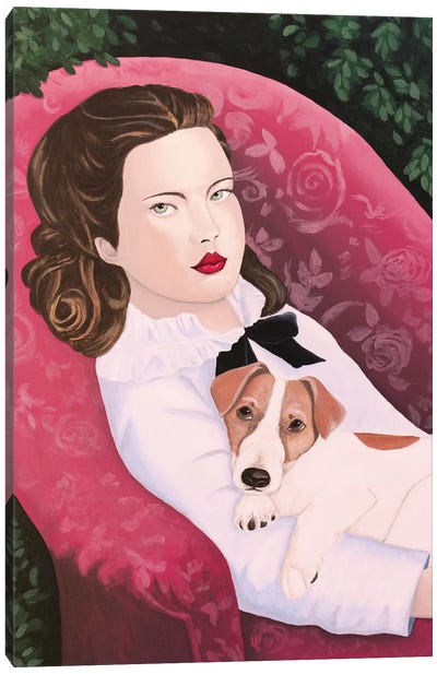 Woman With Jack Russell On Red Armchair Canvas Art Print - Sally B