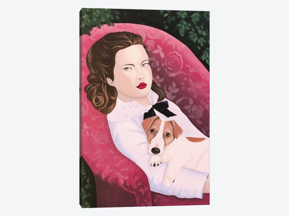 Woman With Jack Russell On Red Armchair by Sally B 1-piece Canvas Print