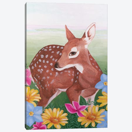 Deer In Flower Field Canvas Print #SLY75} by Sally B Canvas Wall Art