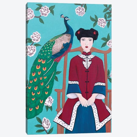Chinese Woman And Peacock Canvas Print #SLY7} by Sally B Art Print