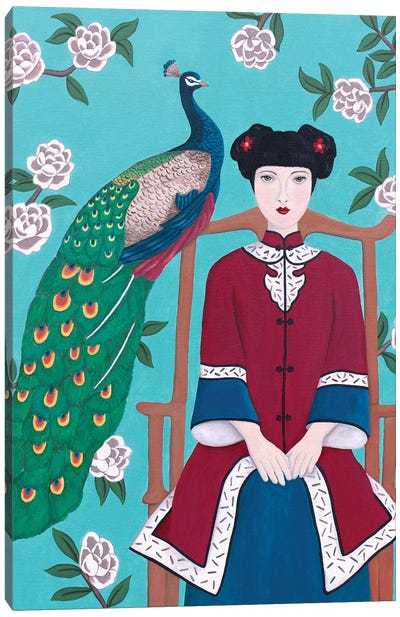 Chinese Woman And Peacock Canvas Art Print - Peacock Art