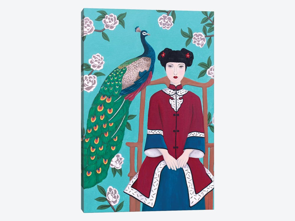 Chinese Woman And Peacock by Sally B 1-piece Canvas Print