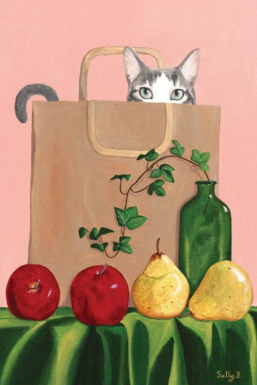 Cat In Paper Bag With Apples And Pears