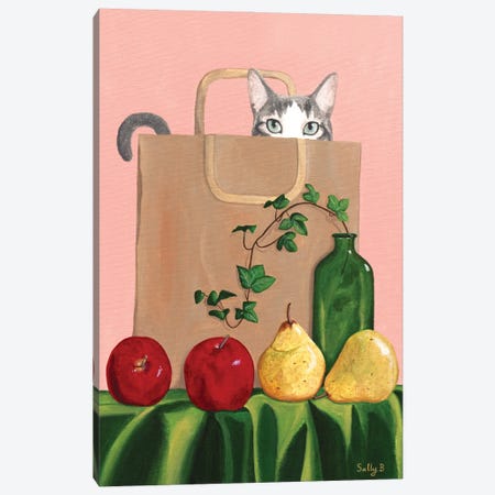 Cat In Paper Bag With Apples And Pears Canvas Print #SLY80} by Sally B Canvas Art