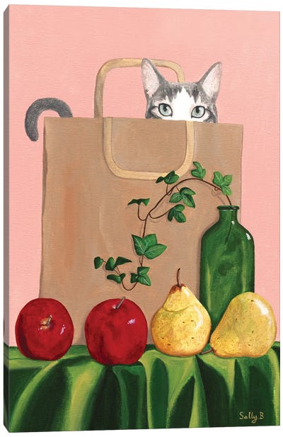 Cat In Paper Bag With Apples And Pears Canvas Art Print - Sally B