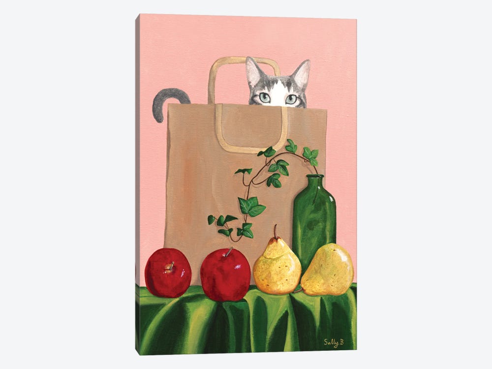 Cat In Paper Bag With Apples And Pears by Sally B 1-piece Canvas Wall Art