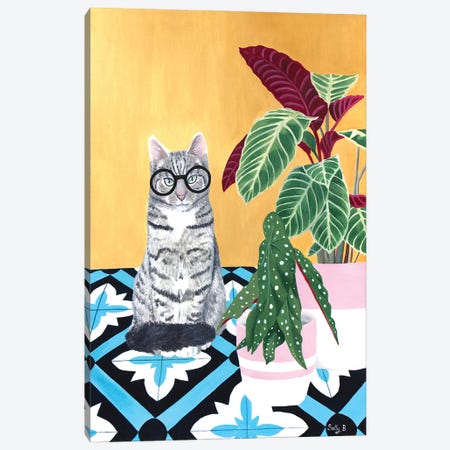 Clever Cat With House Plants Canvas Print #SLY82} by Sally B Canvas Artwork