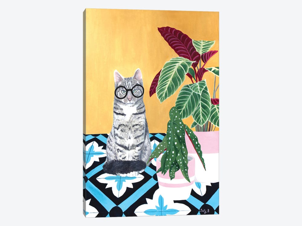 Clever Cat With House Plants by Sally B 1-piece Canvas Wall Art
