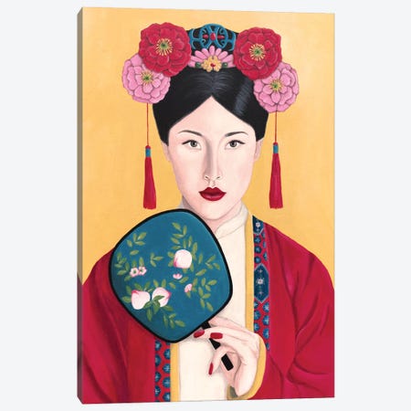 Vintage Chinese Woman With Fan Canvas Print #SLY83} by Sally B Canvas Artwork