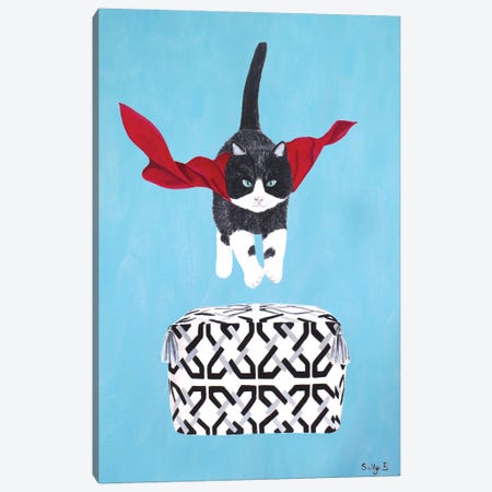 Flying Cat Over Pouf Canvas Print #SLY84} by Sally B Canvas Art Print